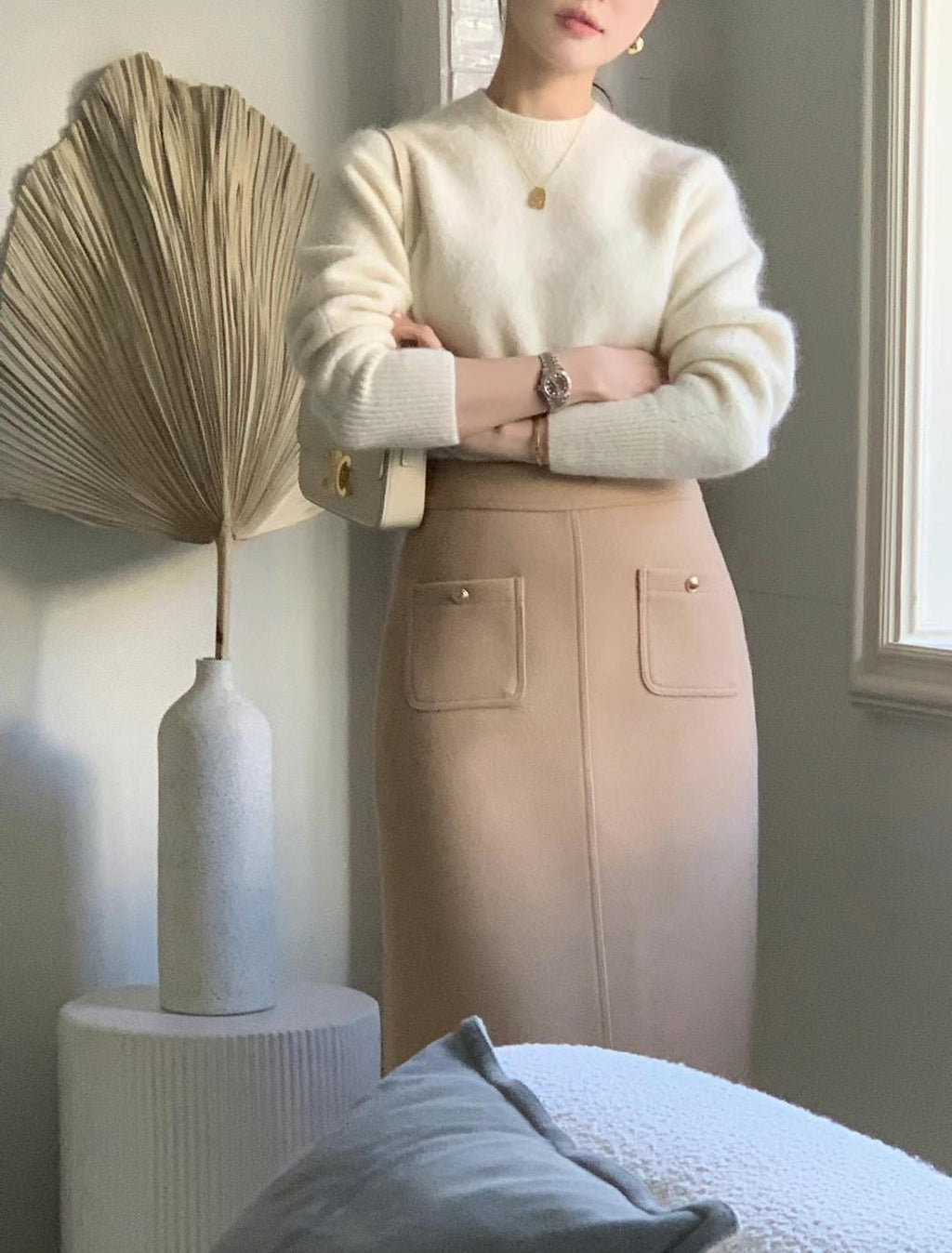 舒適金釦厚磅毛呢半裙 Wool20% 駝色  SK1155