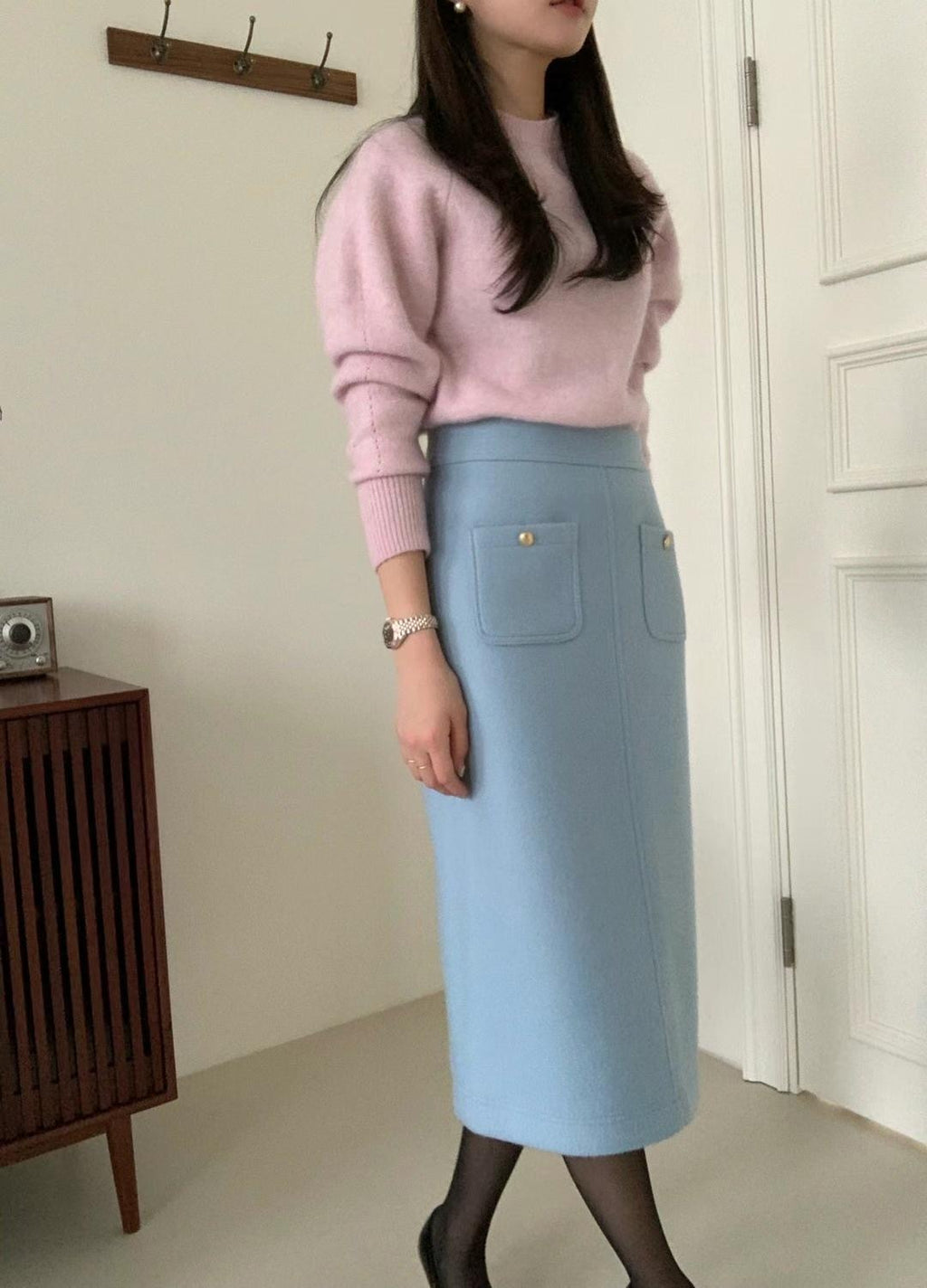 舒適金釦厚磅毛呢半裙 Wool20% 駝色  SK1155