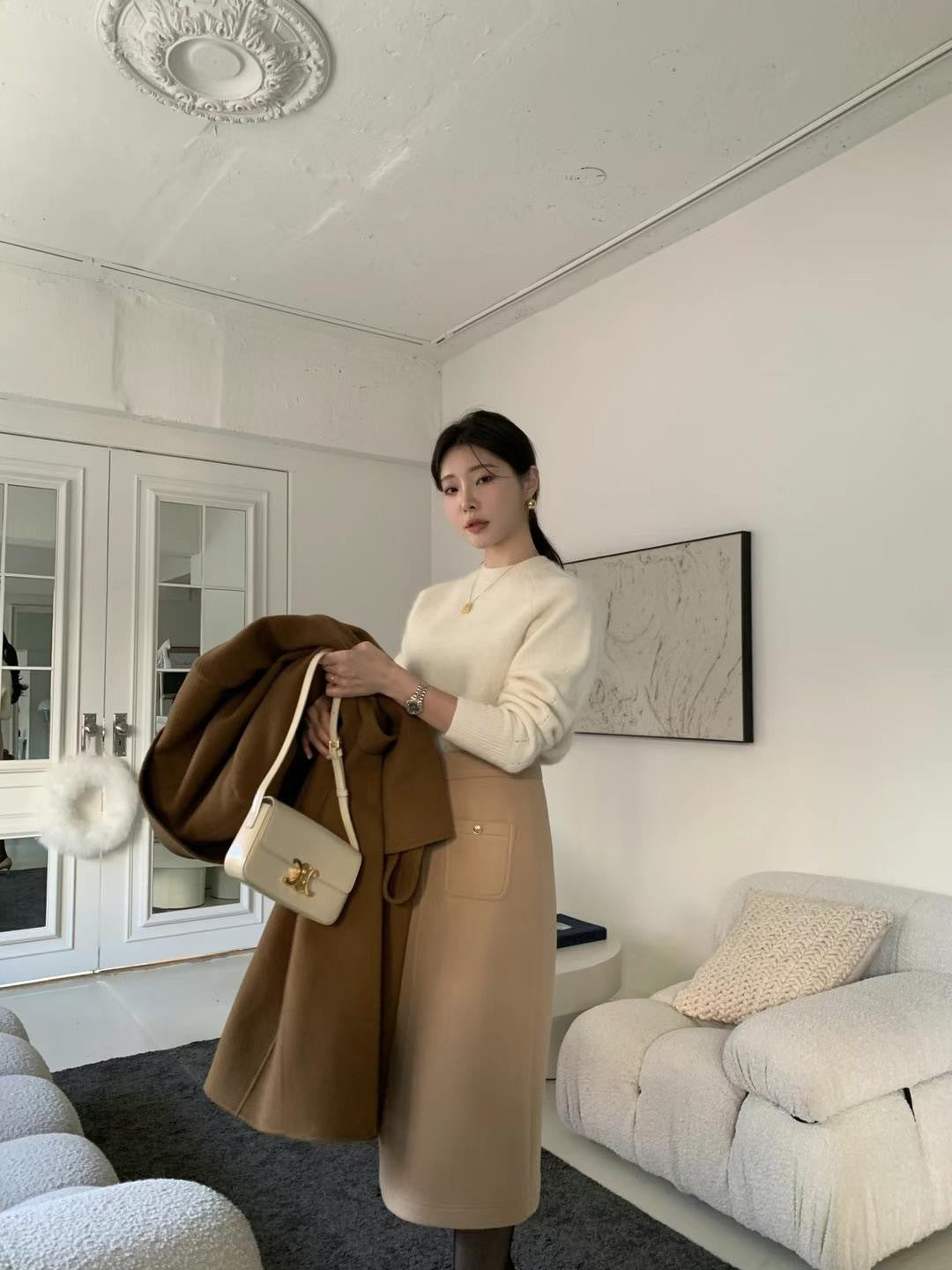 舒適金釦厚磅毛呢半裙 Wool20% 駝色  SK1155