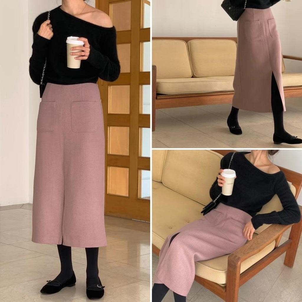 顯瘦前開衩羊毛半裙 60%wool SK3511莓紅色