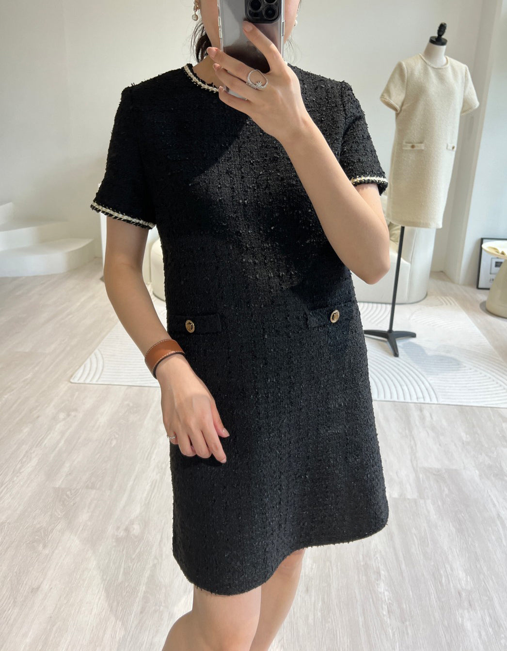 法式高級 經典花呢連身洋裝10%Wool DS2314 米色