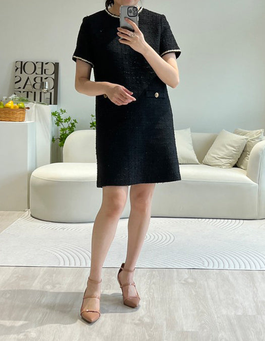 法式高級 經典花呢連身洋裝10%Wool DS2314 米色