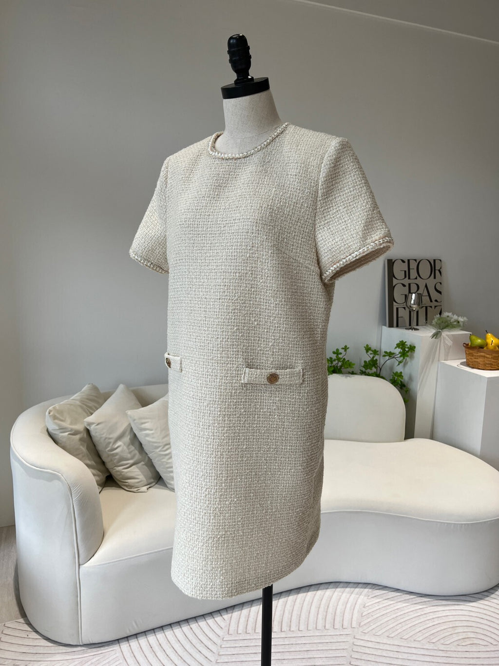 法式高級 經典花呢連身洋裝10%Wool DS2314 米色
