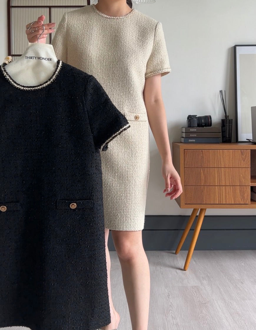 法式高級 經典花呢連身洋裝10%Wool DS2314 米色