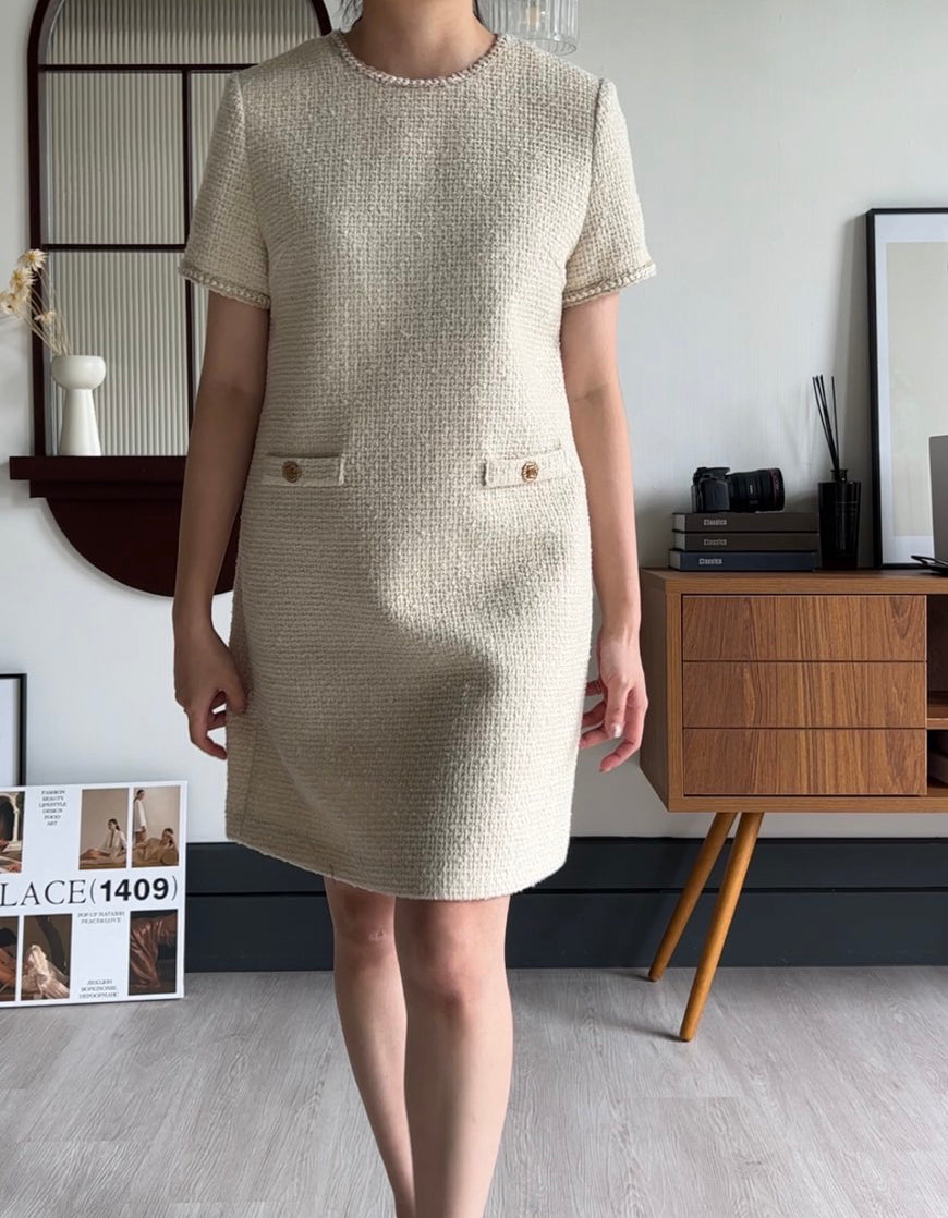 法式高級 經典花呢連身洋裝10%Wool DS2314 米色