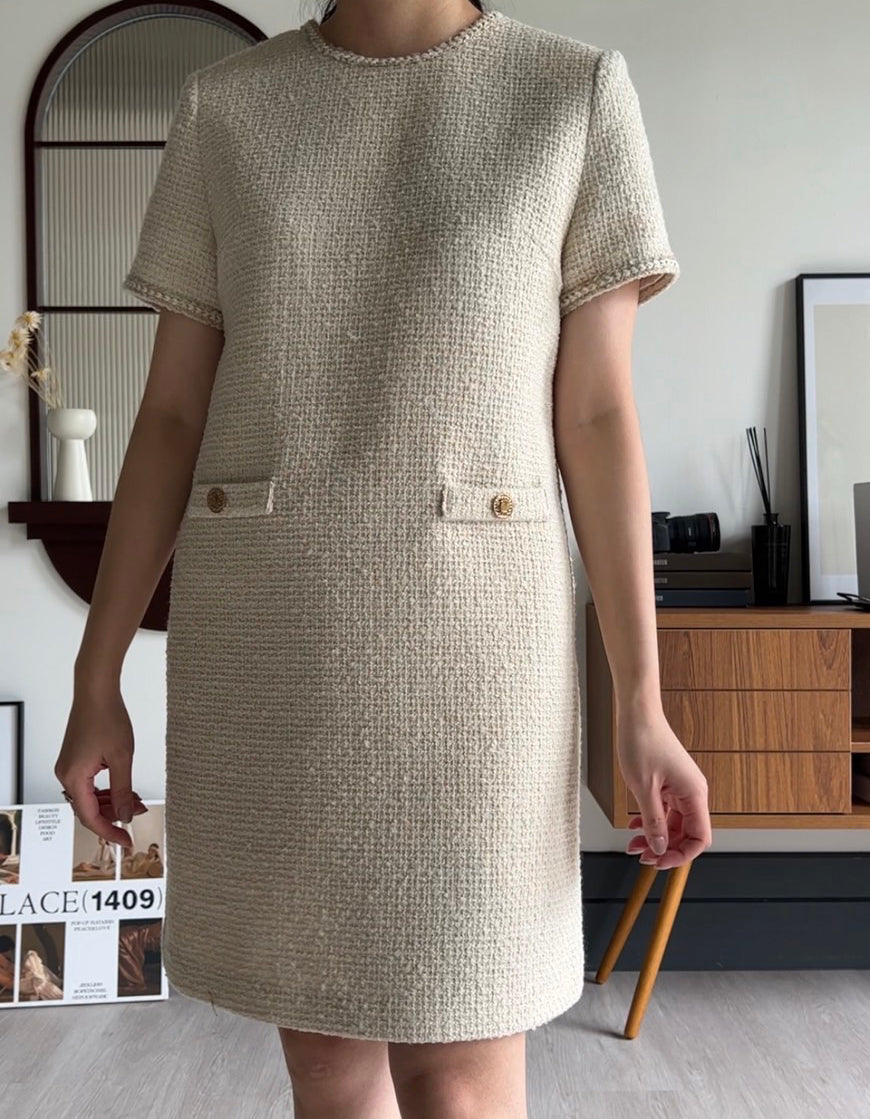 法式高級 經典花呢連身洋裝10%Wool DS2314 米色
