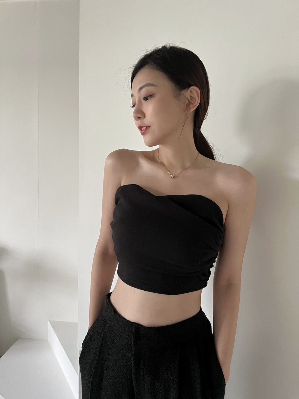 心型抓皺馬甲抹胸上衣 T2381 奶白/黑色