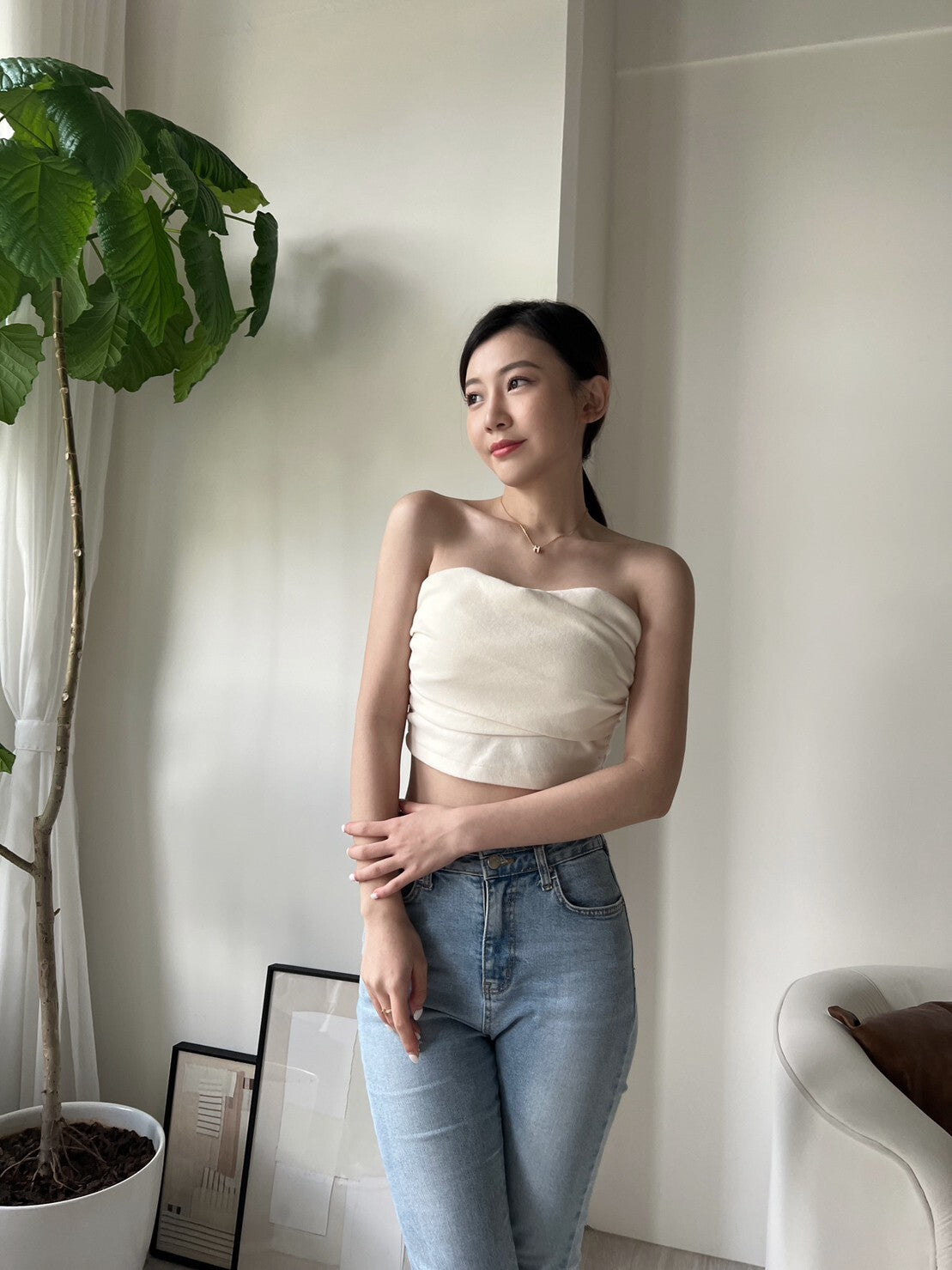 心型抓皺馬甲抹胸上衣 T2381 奶白/黑色