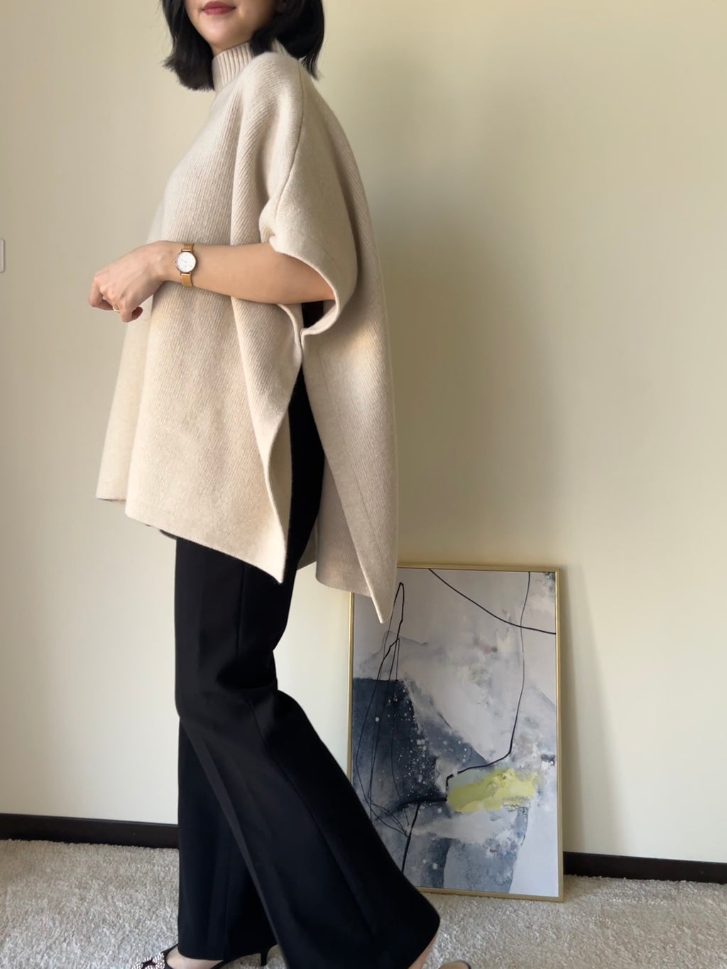 知性套頭側開釦羊毛斗篷 60%Wool Cashmere5% JK2332 杏色