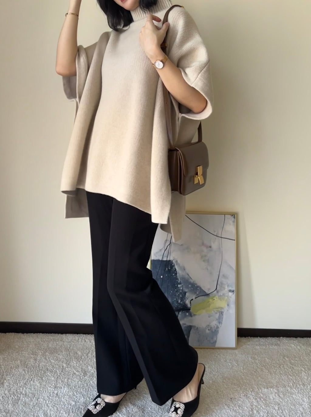 知性套頭側開釦羊毛斗篷 60%Wool Cashmere5% JK2332 杏色