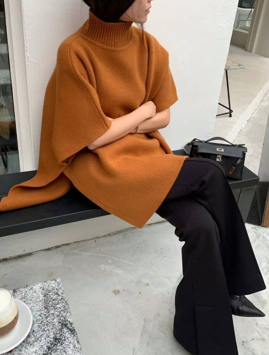知性套頭側開釦羊毛斗篷 60%Wool Cashmere5% JK2332 楓糖