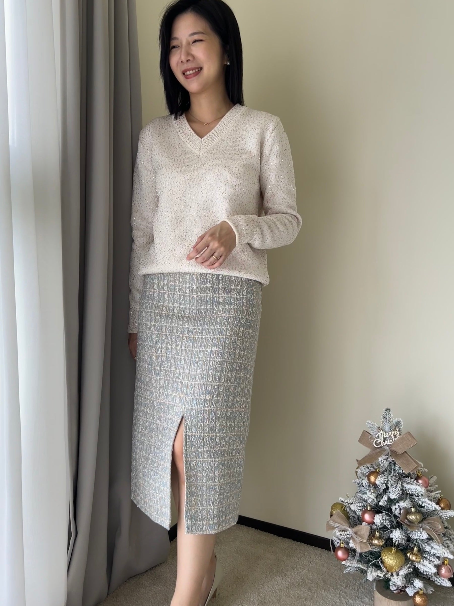 Mila Skirt 雪落戀曲花呢前衩半裙 SKW23062 晨湖綠
