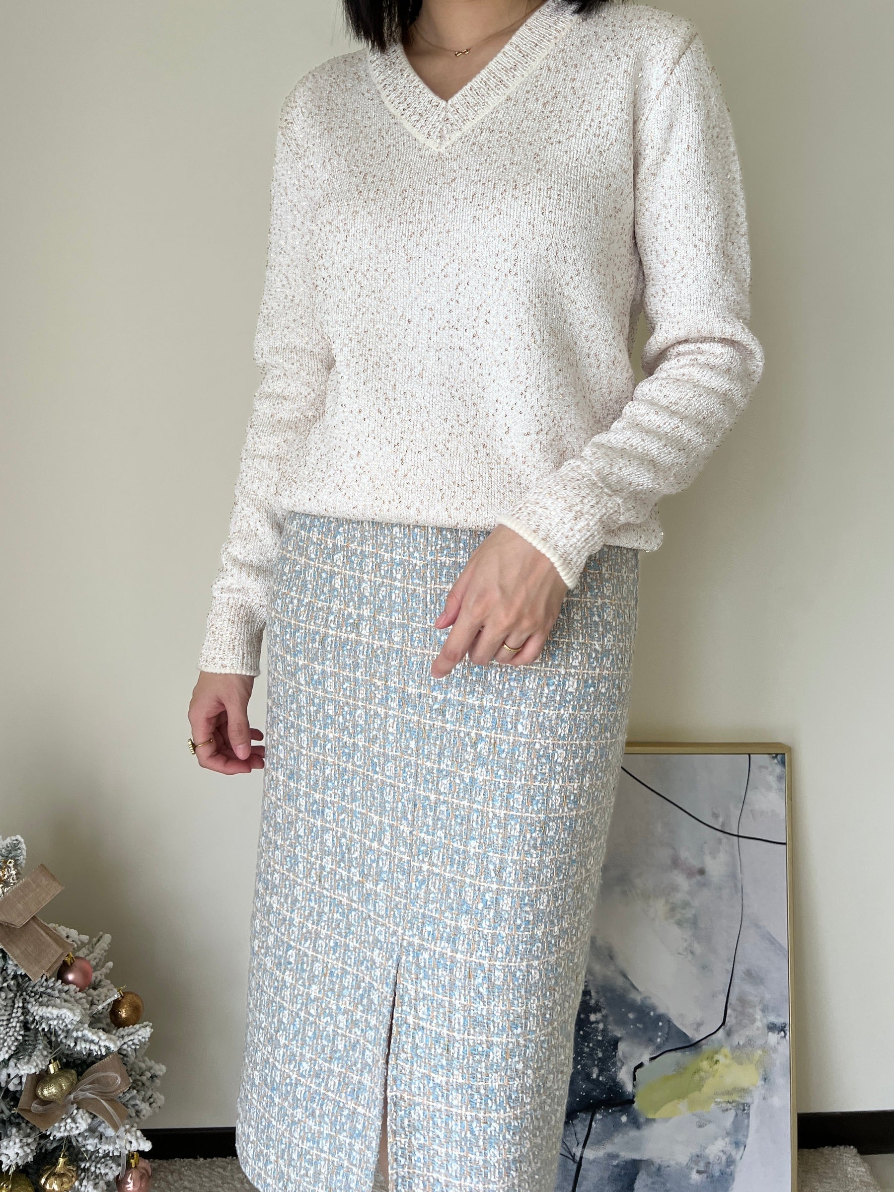 Mila Skirt 雪落戀曲花呢前衩半裙 SKW23062 晨湖綠