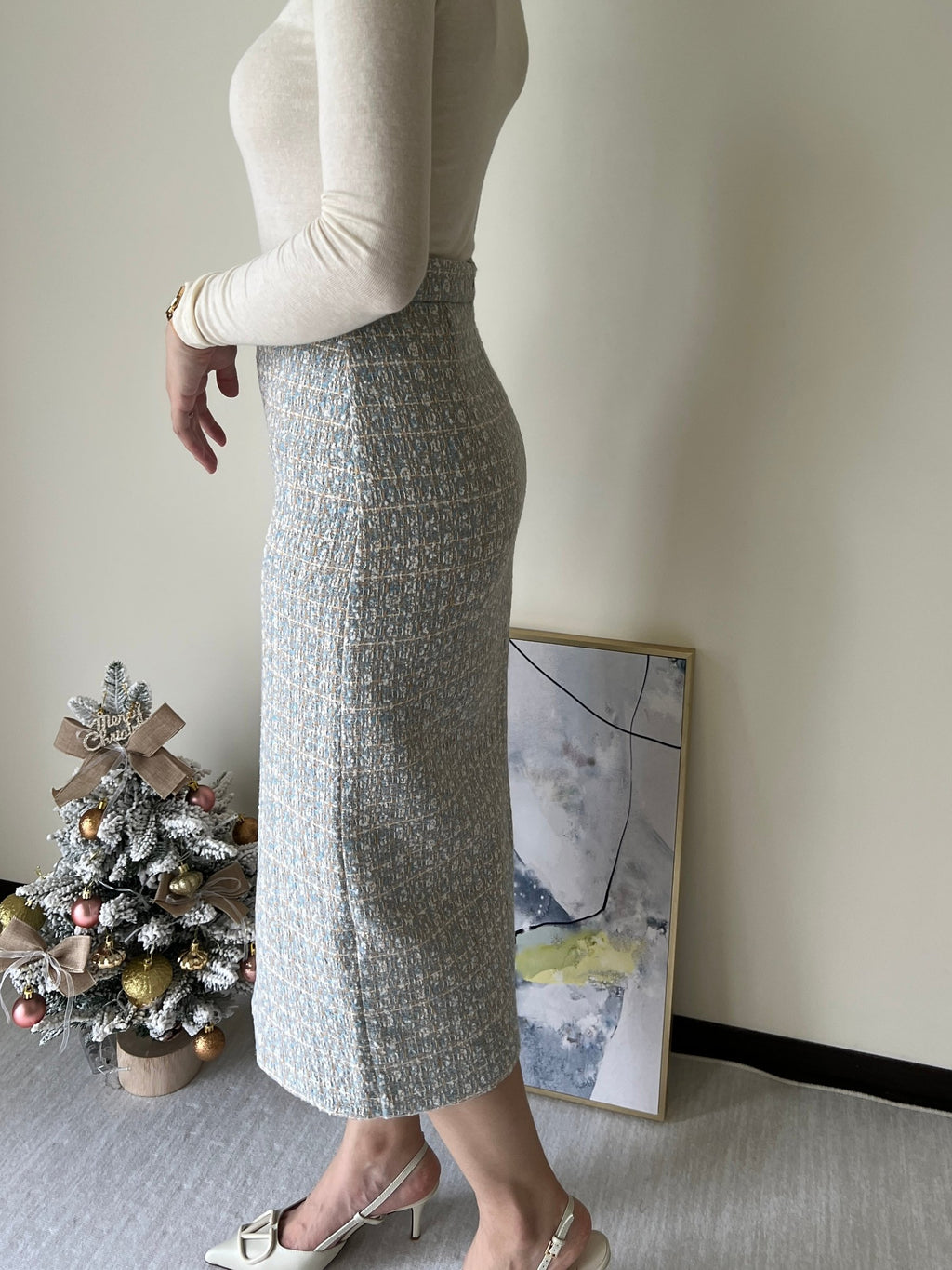 Mila Skirt 雪落戀曲花呢前衩半裙 SKW23062 晨湖綠