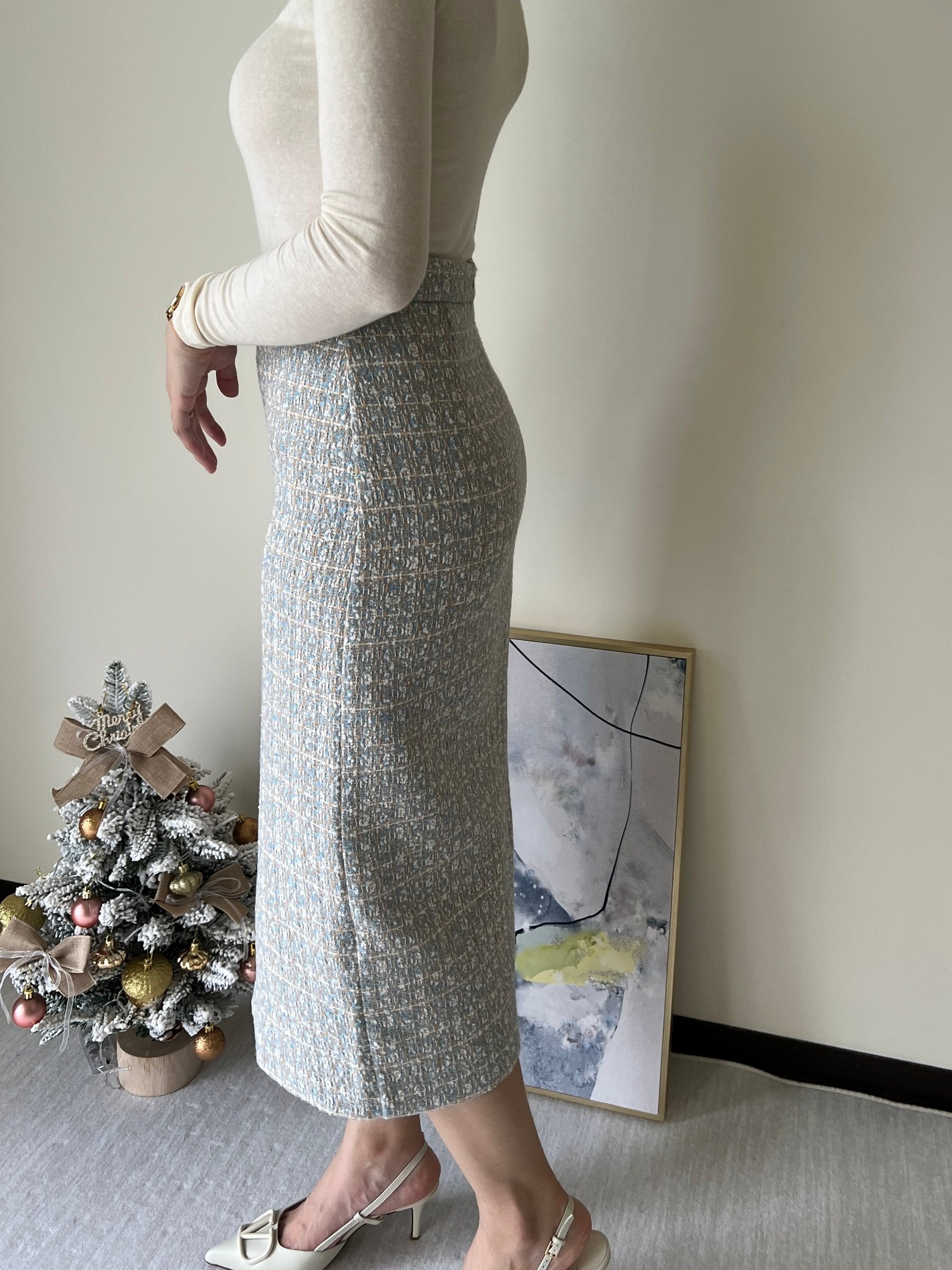 Mila Skirt 雪落戀曲花呢前衩半裙 SKW23062 晨湖綠