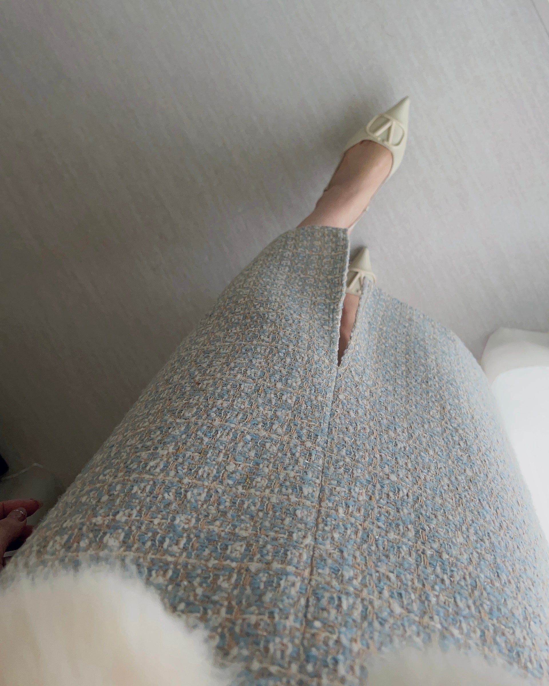 Mila Skirt 雪落戀曲花呢前衩半裙 SKW23062 晨湖綠