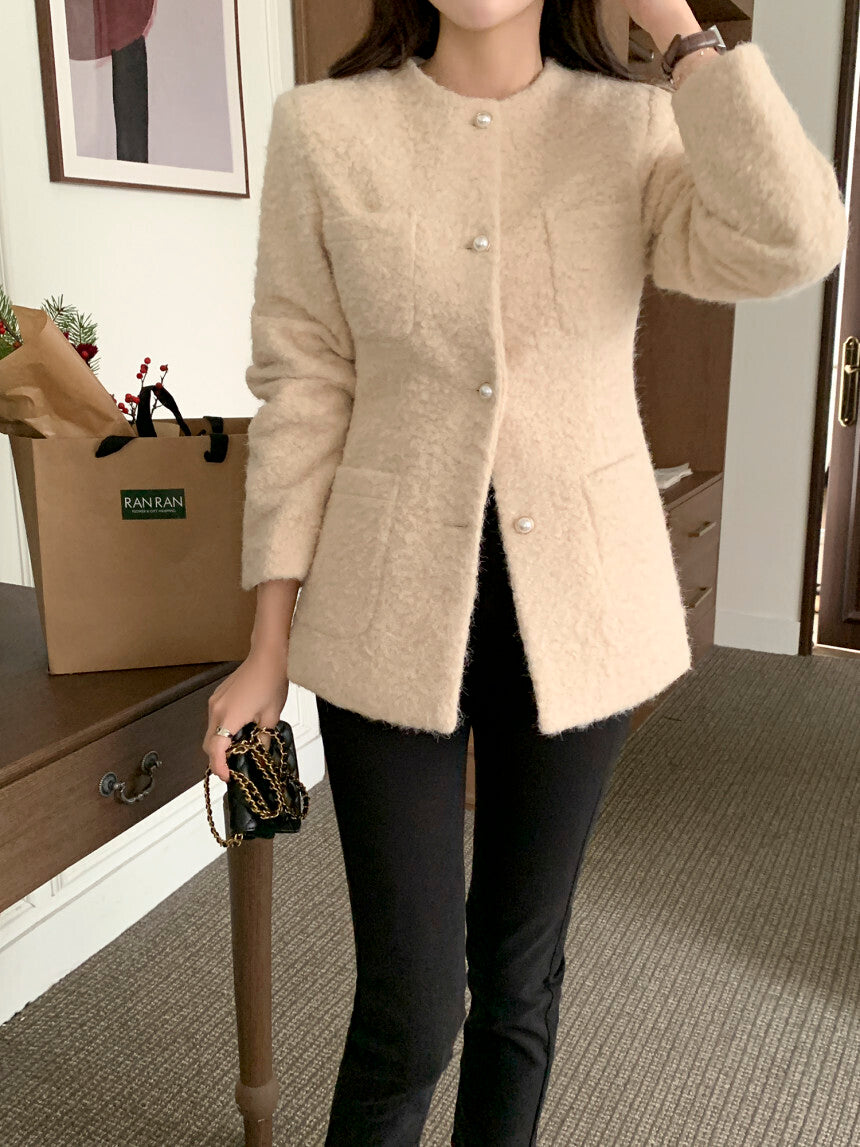 優雅羊毛細絨排釦外套 10%Wool 內鋪棉 JK2339 杏色