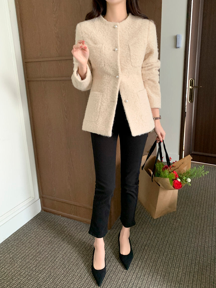優雅羊毛細絨排釦外套 10%Wool 內鋪棉 JK2339 杏色