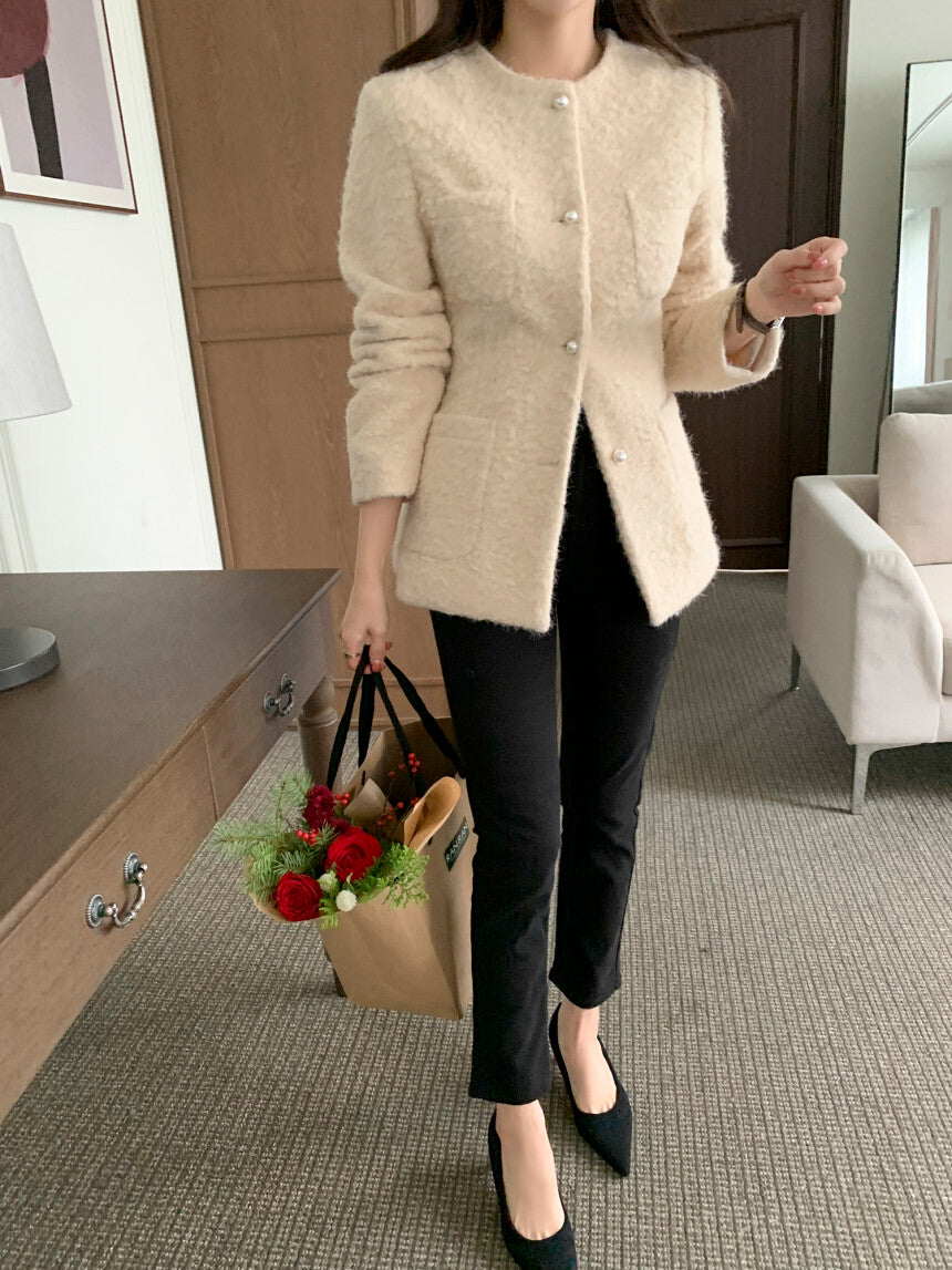 優雅羊毛細絨排釦外套 10%Wool 內鋪棉 JK2339 杏色