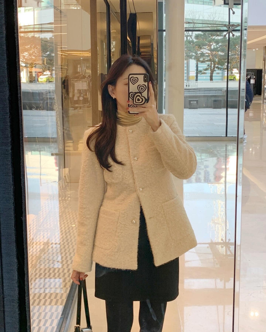 優雅羊毛細絨排釦外套 10%Wool 內鋪棉 JK2339 杏色