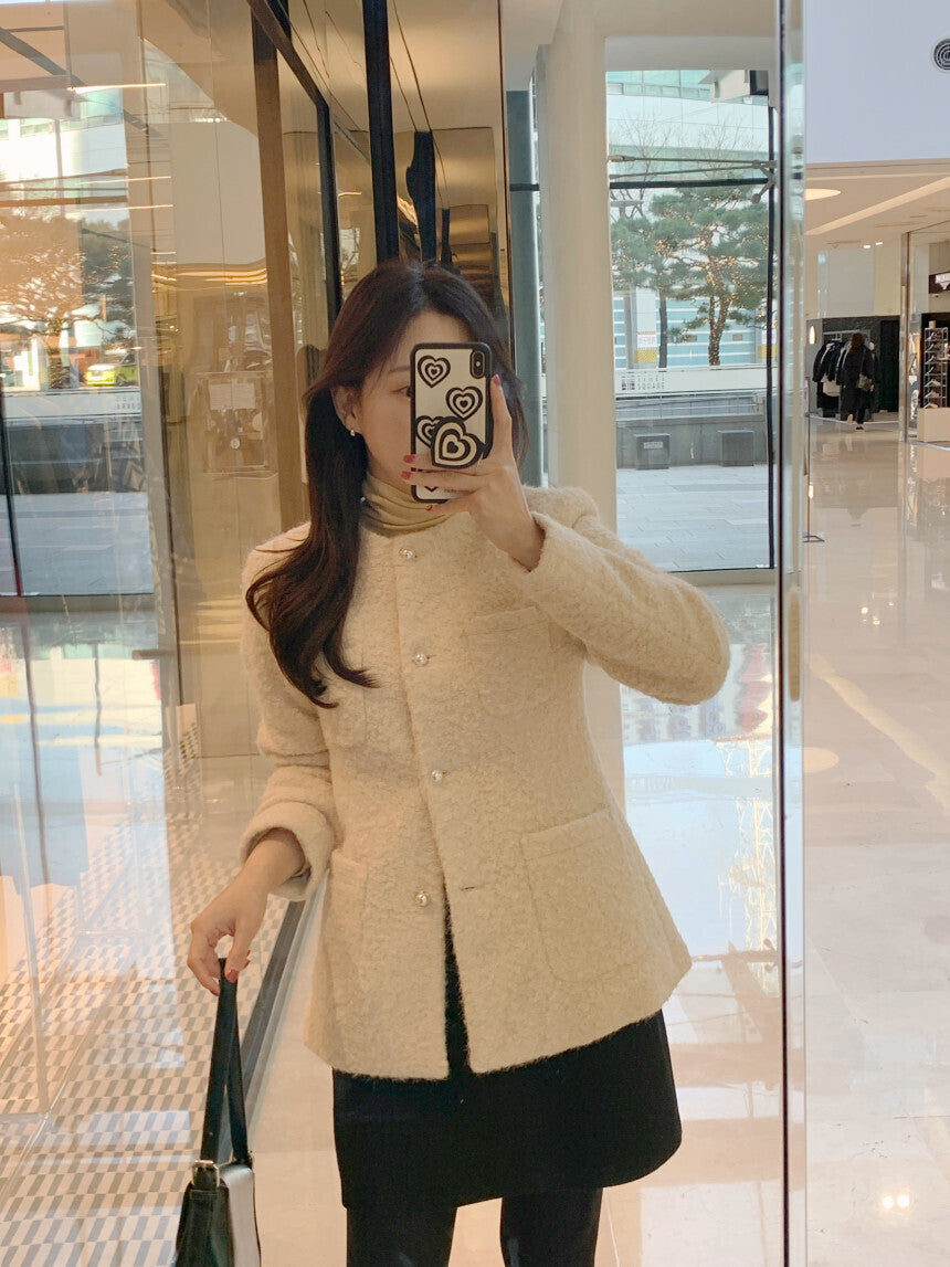 優雅羊毛細絨排釦外套 10%Wool 內鋪棉 JK2339 杏色