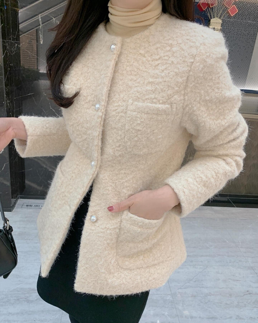 優雅羊毛細絨排釦外套 10%Wool 內鋪棉 JK2339 杏色