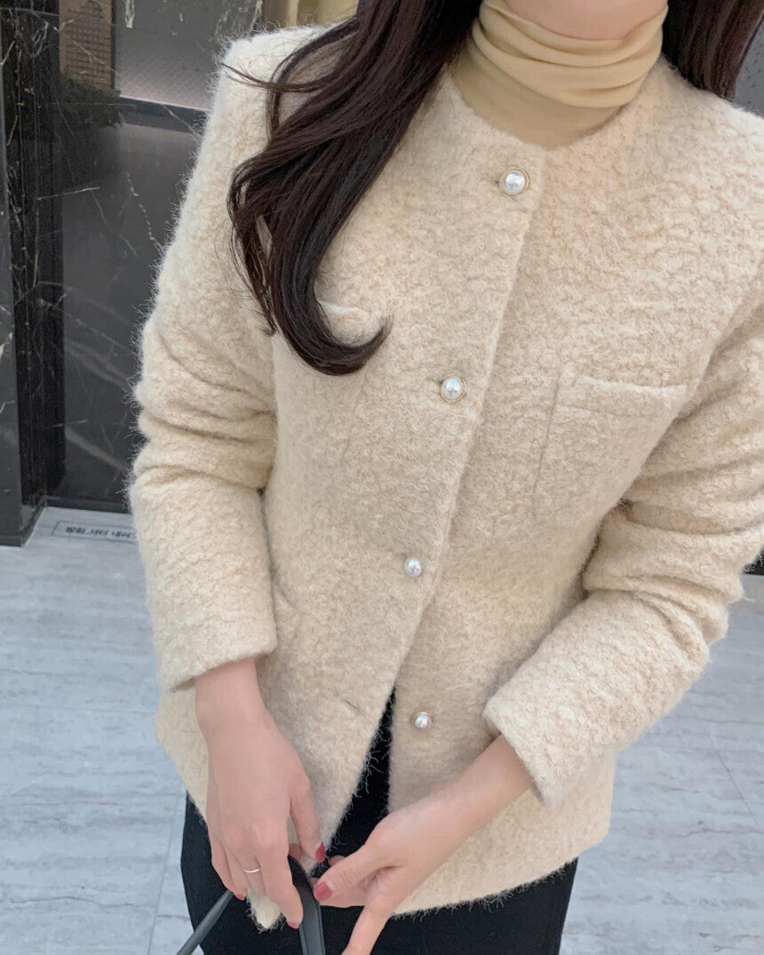 優雅羊毛細絨排釦外套 10%Wool 內鋪棉 JK2339 杏色