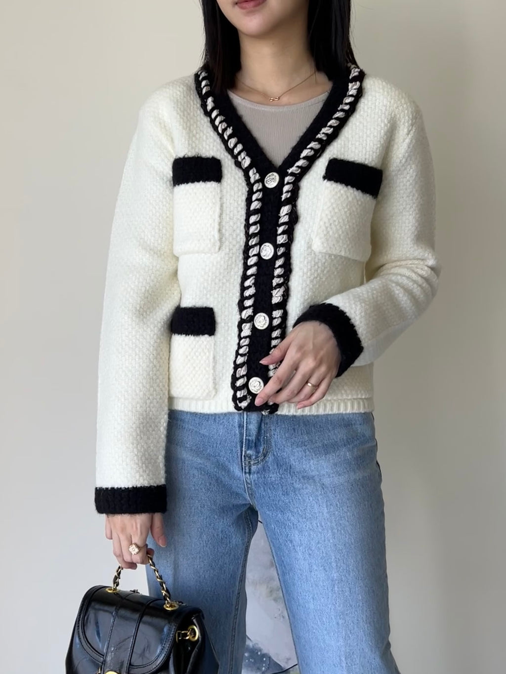 羊毛飾邊小香撞色針織外套  60%Wool JK2340 白色