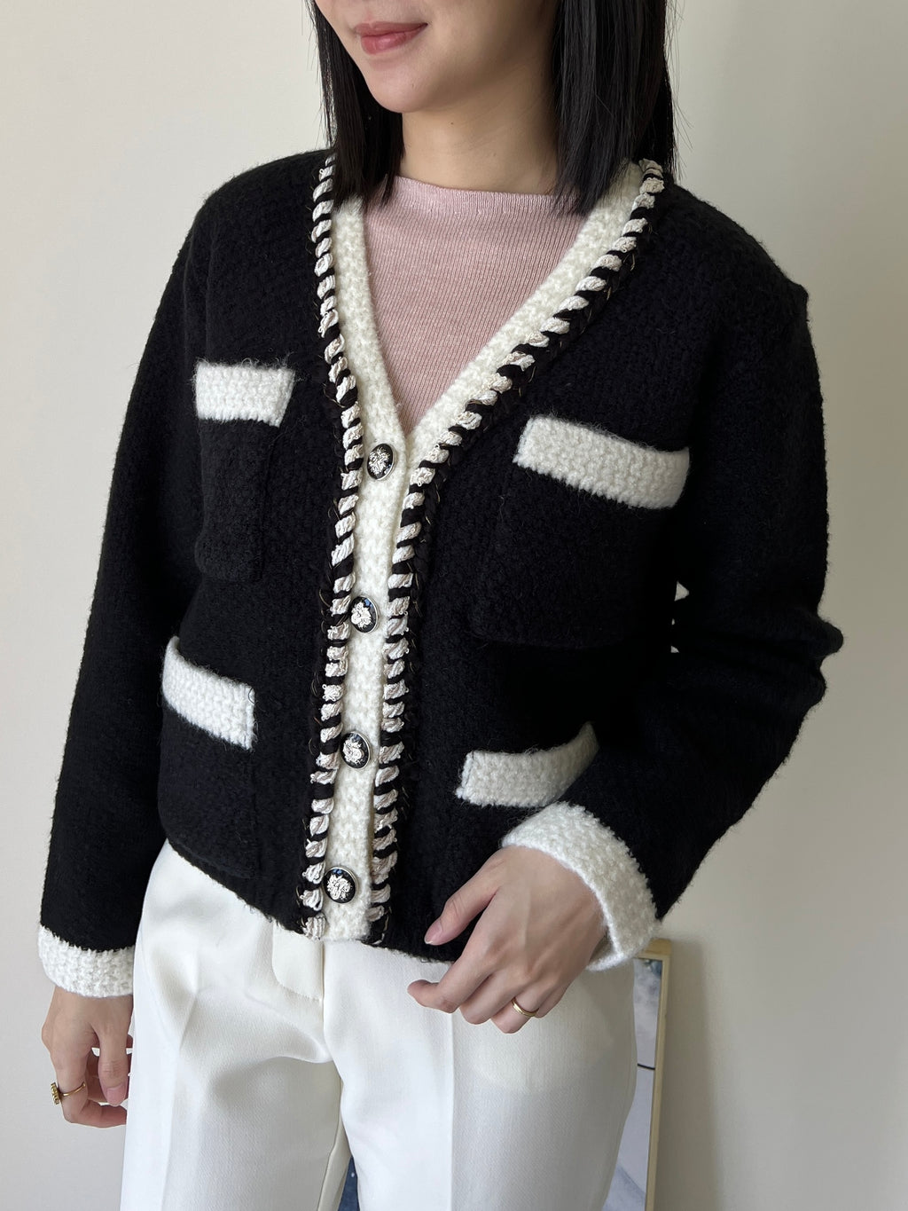 羊毛飾邊小香撞色針織外套  60%Wool JK2340 白色