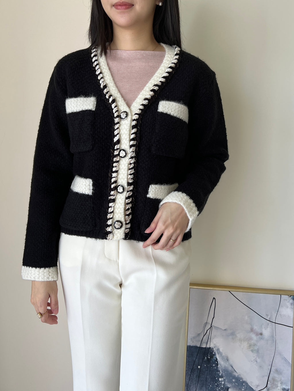 羊毛飾邊小香撞色針織外套  60%Wool JK2340 白色