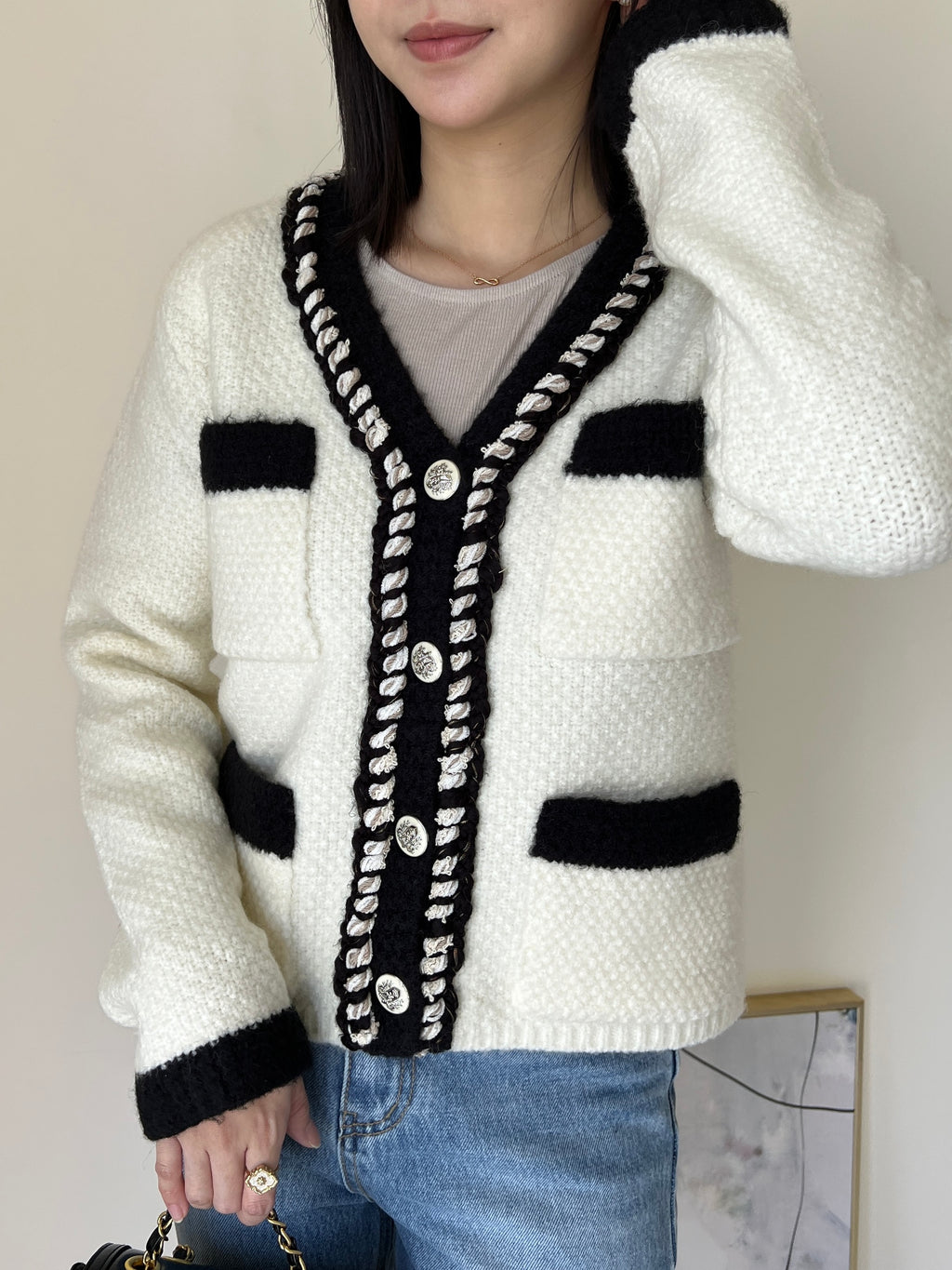 羊毛飾邊小香撞色針織外套  60%Wool JK2340 白色