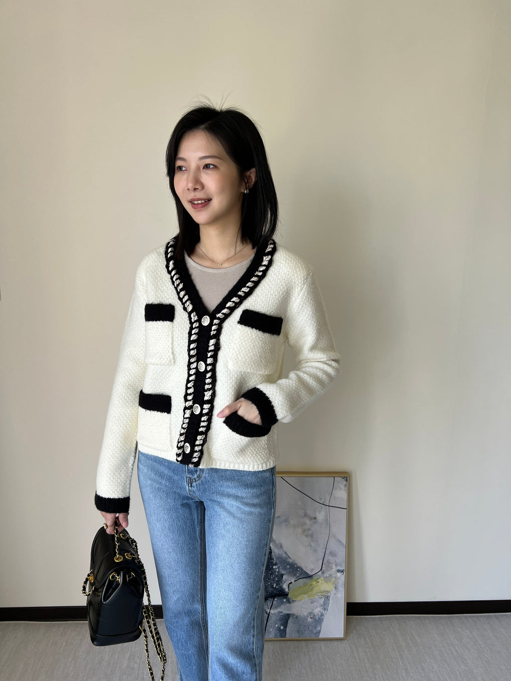 羊毛飾邊小香撞色針織外套  60%Wool JK2340 白色