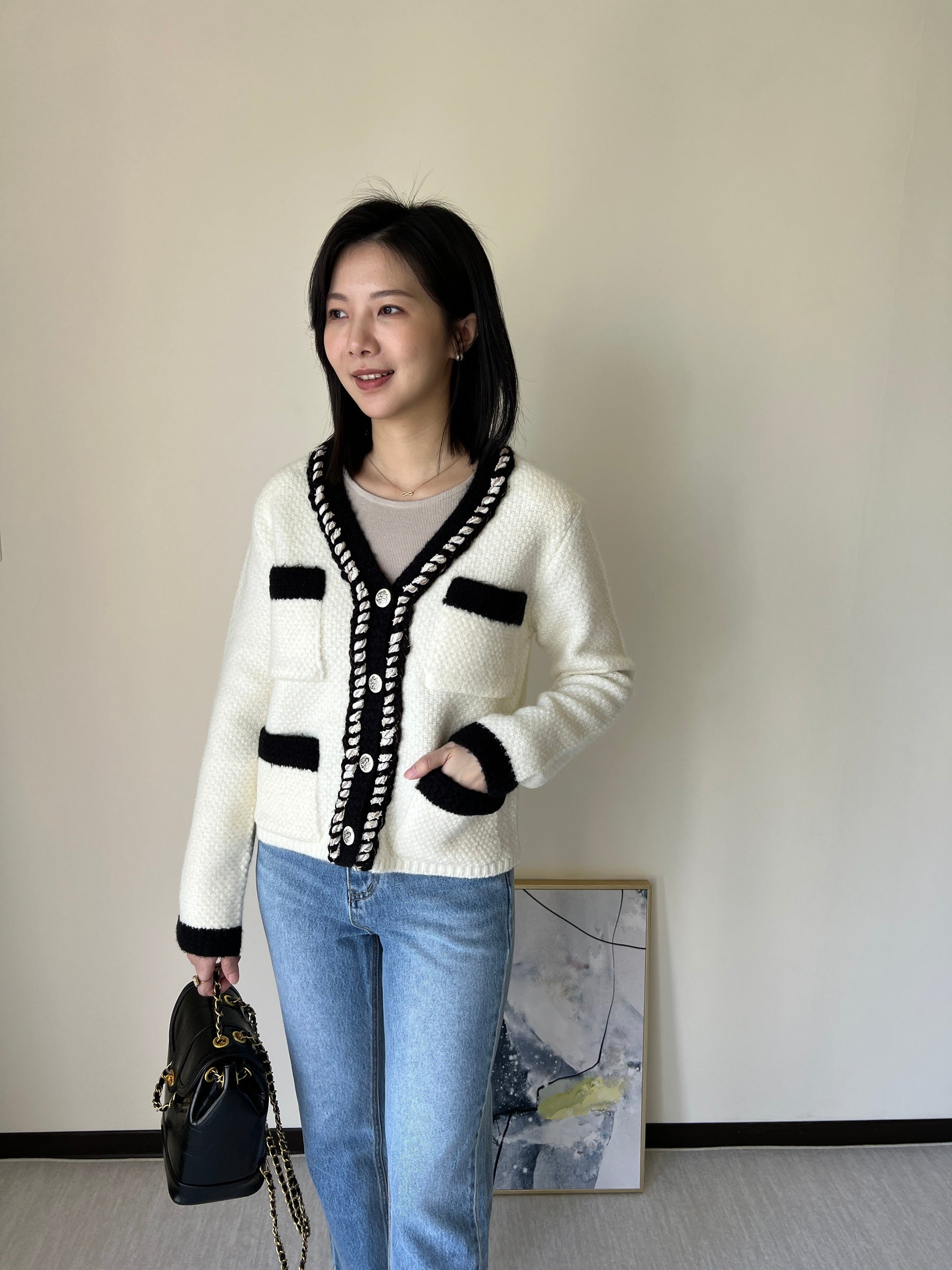 羊毛飾邊小香撞色針織外套  60%Wool JK2340 白色