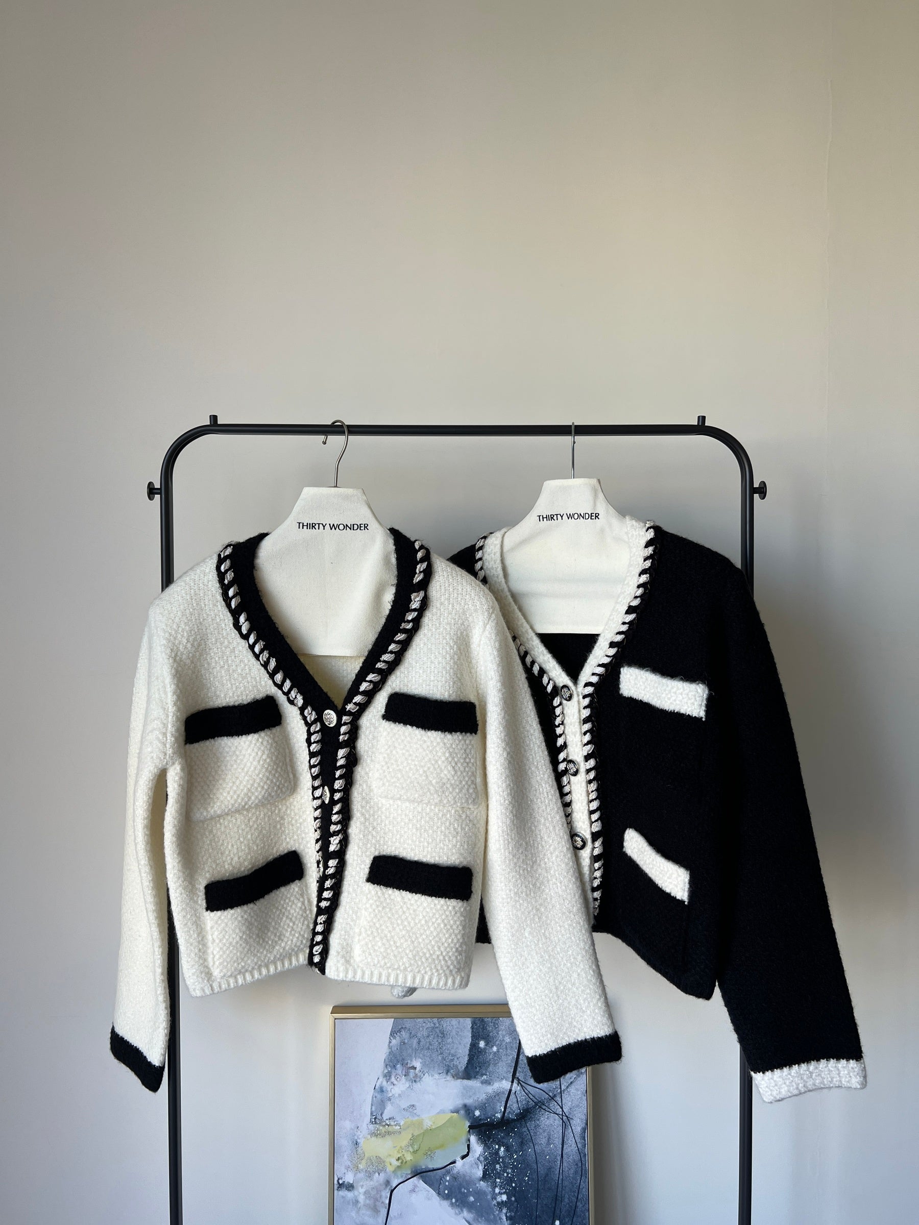 羊毛飾邊小香撞色針織外套  60%Wool JK2340 白色
