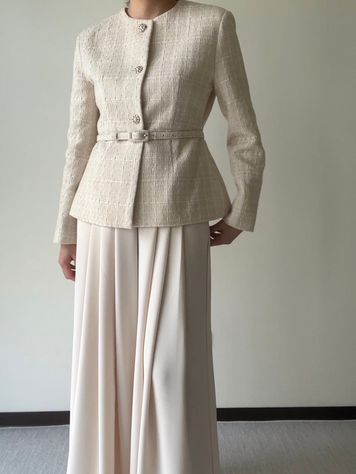 細緻織紋花呢繫腰外套Carla Tweed Jacket 杏色/珊瑚沙色 JK2338