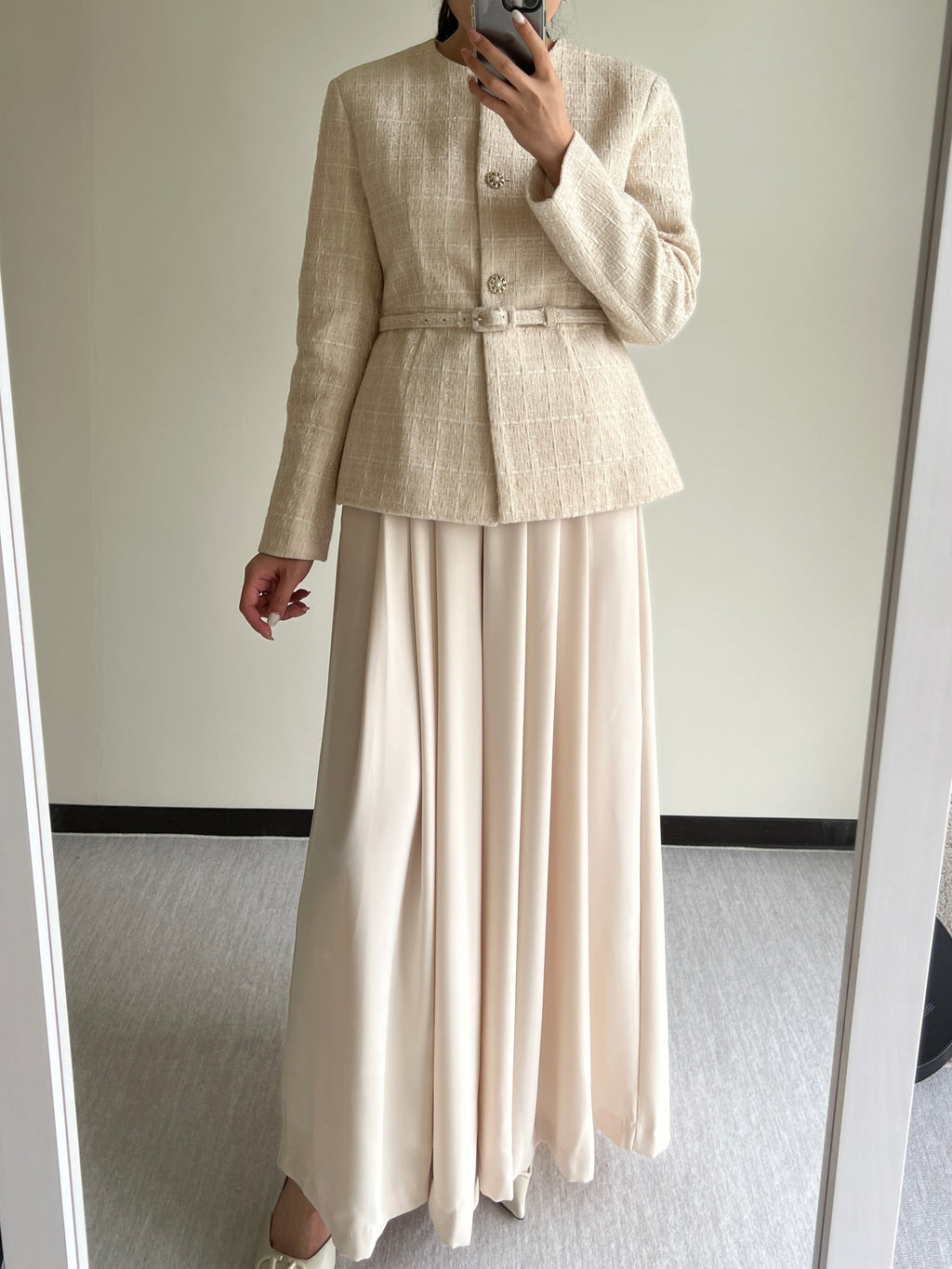 細緻織紋花呢繫腰外套Carla Tweed Jacket 杏色/珊瑚沙色 JK2338