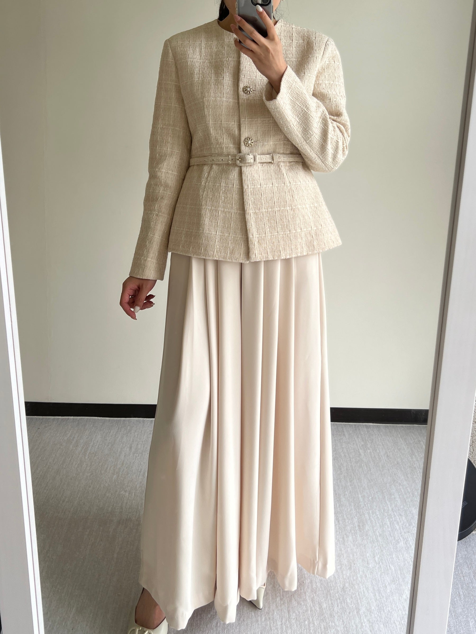 細緻織紋花呢繫腰外套Carla Tweed Jacket 杏色/珊瑚沙色 JK2338