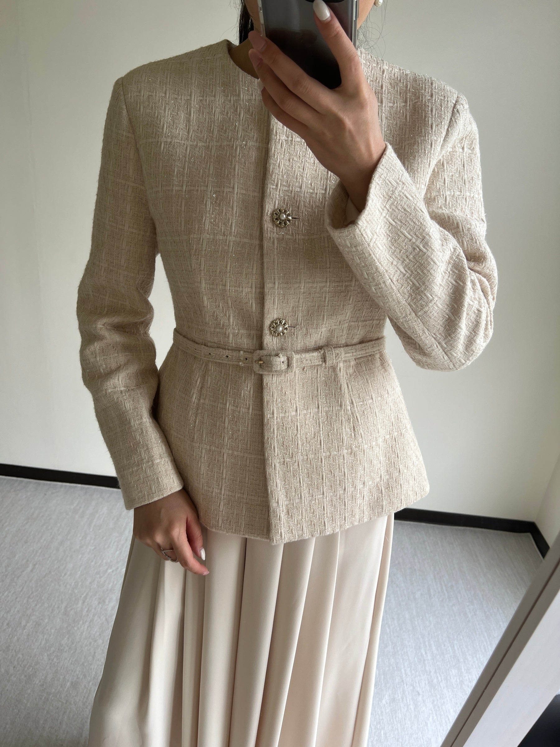 細緻織紋花呢繫腰外套Carla Tweed Jacket 杏色/珊瑚沙色 JK2338