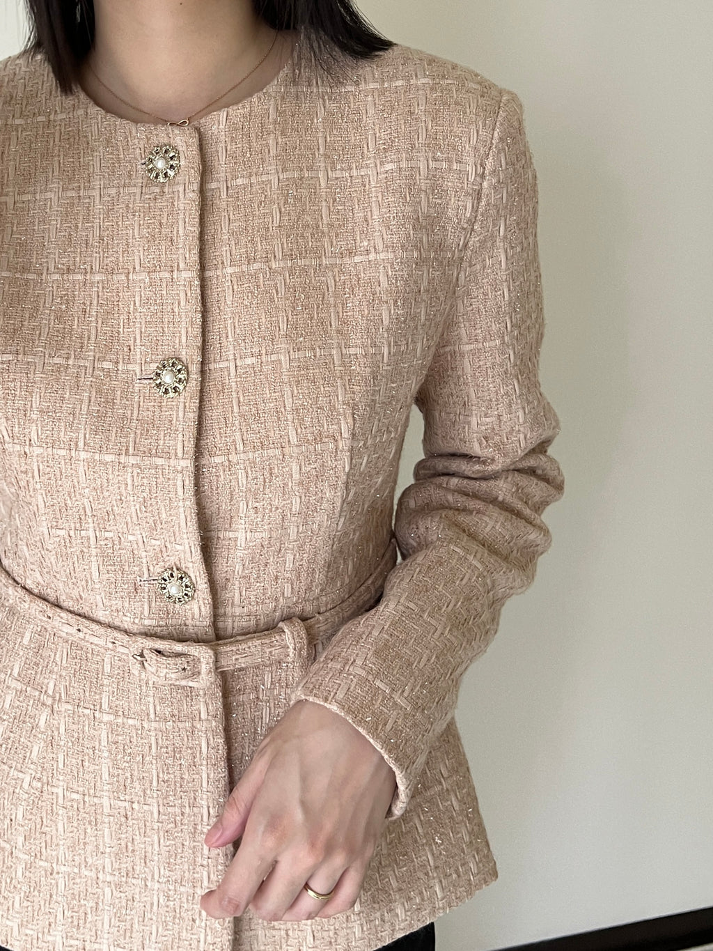 細緻織紋花呢繫腰外套Carla Tweed Jacket 杏色/珊瑚沙色 JK2338