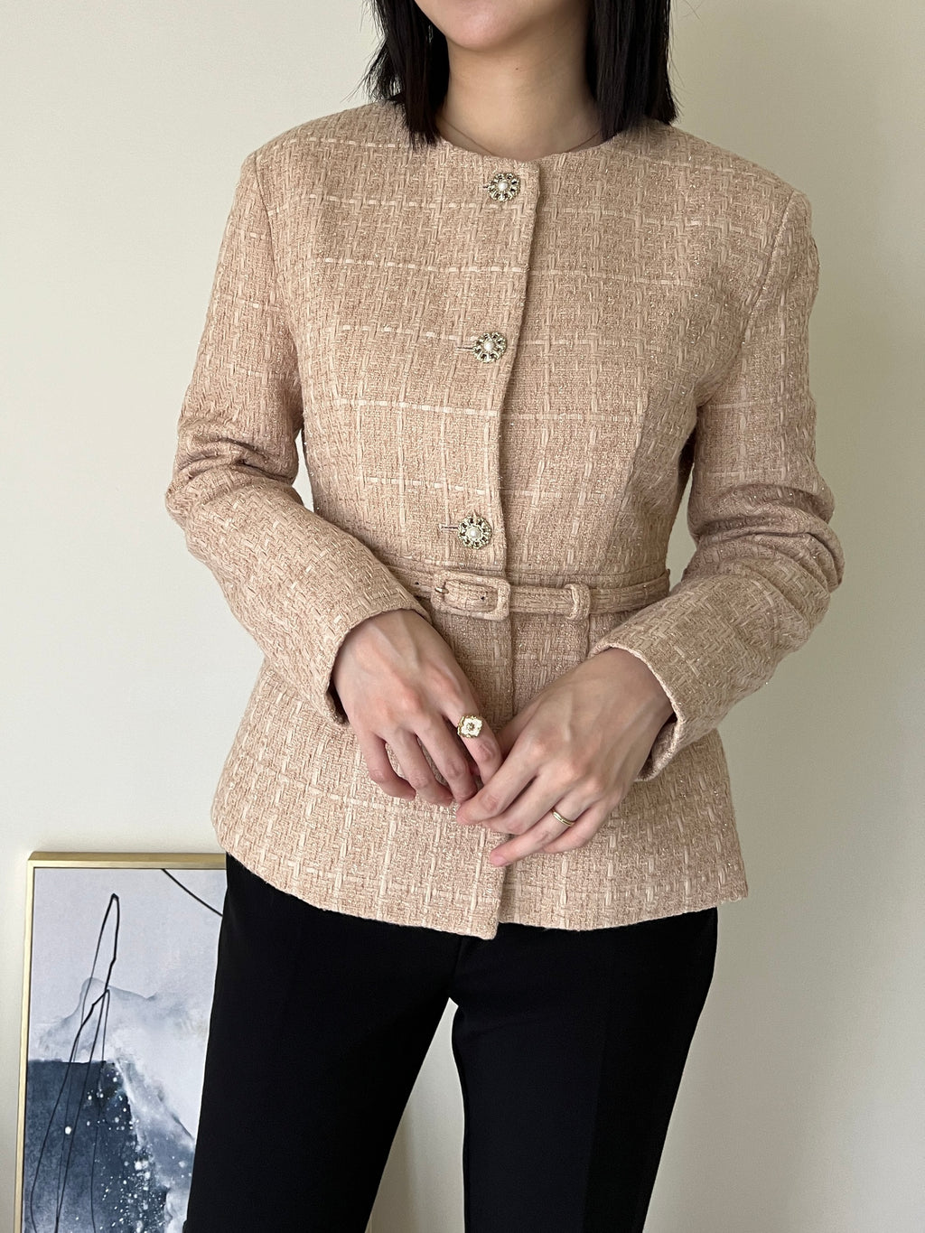 細緻織紋花呢繫腰外套Carla Tweed Jacket 杏色/珊瑚沙色 JK2338