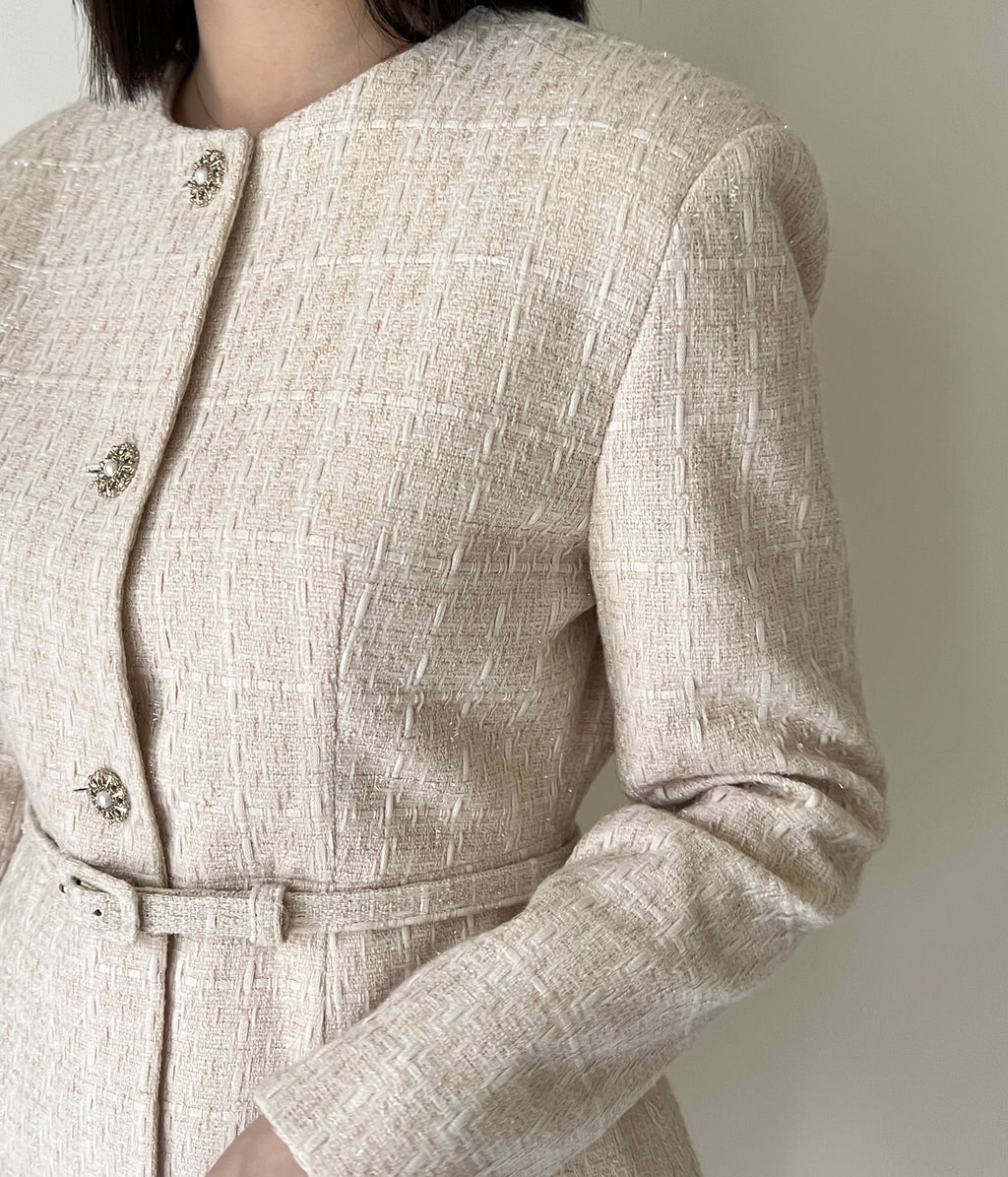 細緻織紋花呢繫腰外套Carla Tweed Jacket 杏色/珊瑚沙色 JK2338