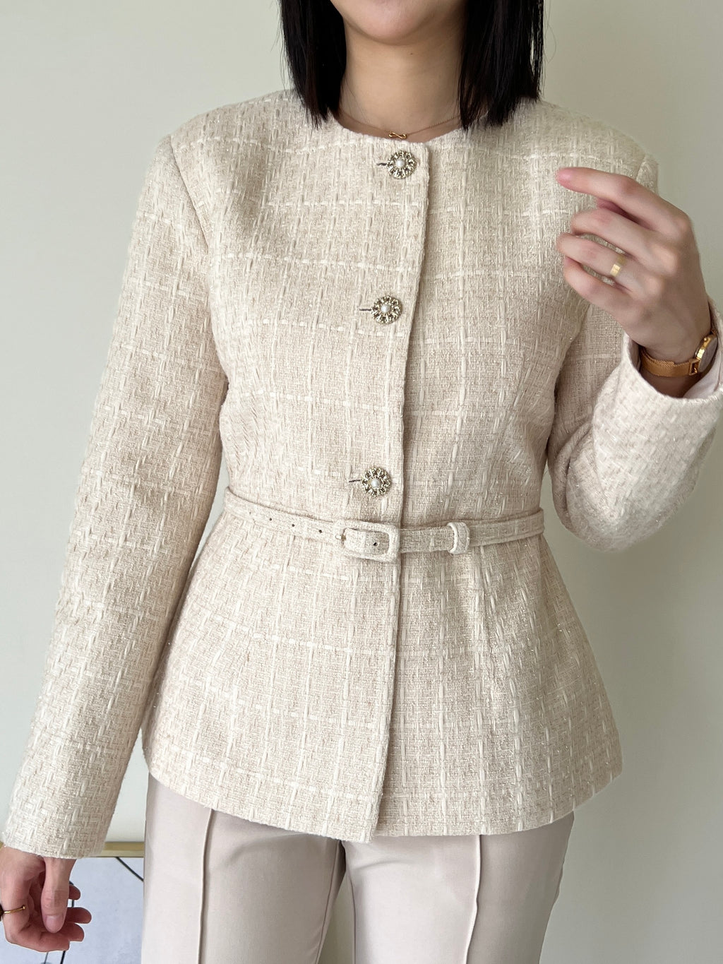 細緻織紋花呢繫腰外套Carla Tweed Jacket 杏色/珊瑚沙色 JK2338