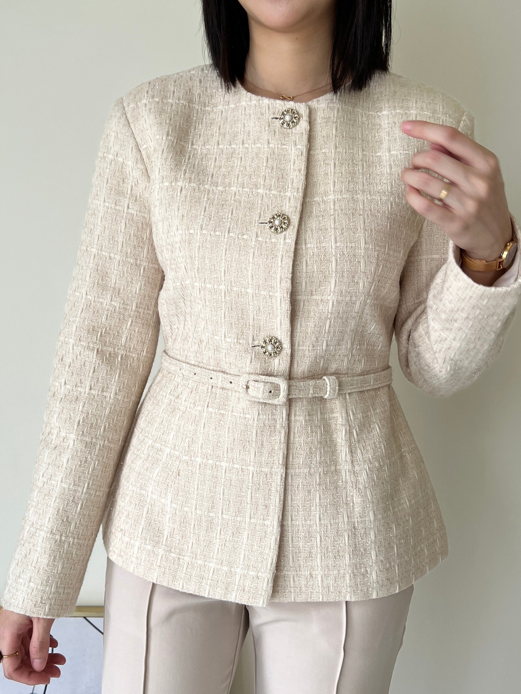細緻織紋花呢繫腰外套Carla Tweed Jacket 杏色/珊瑚沙色 JK2338