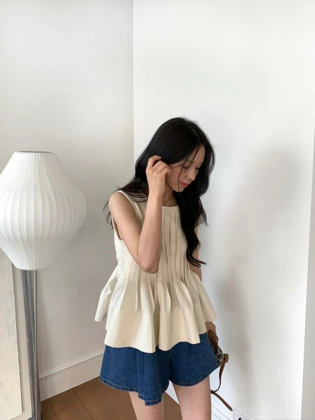 細工百褶細節上衣 T2411 杏/紫