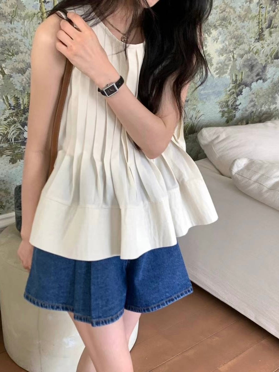 細工百褶細節上衣 T2411 杏/紫