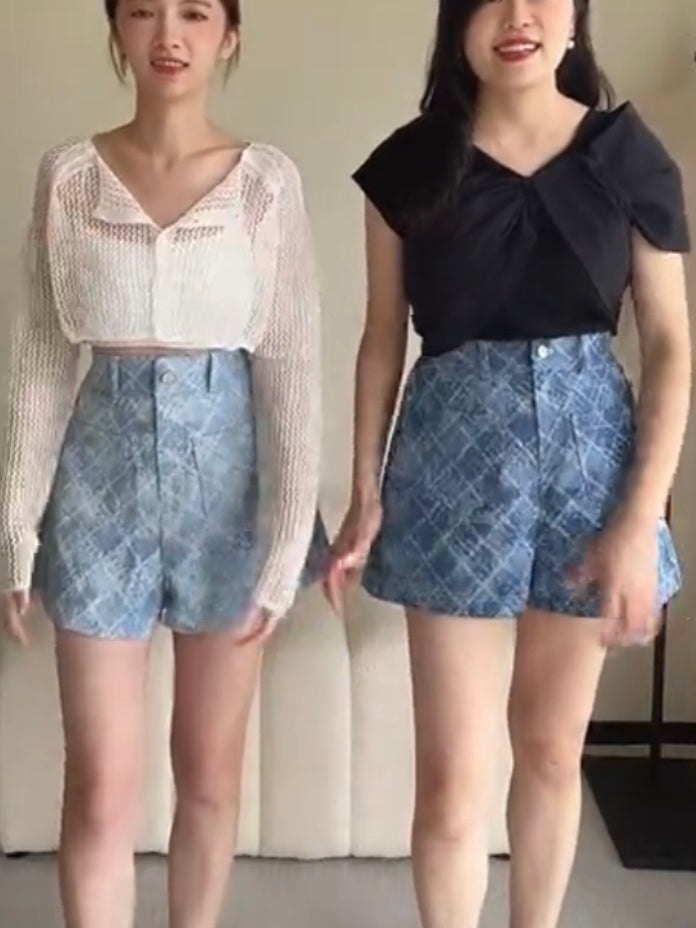 菱格紋牛仔布料褲 PT2411S 淺藍/深藍