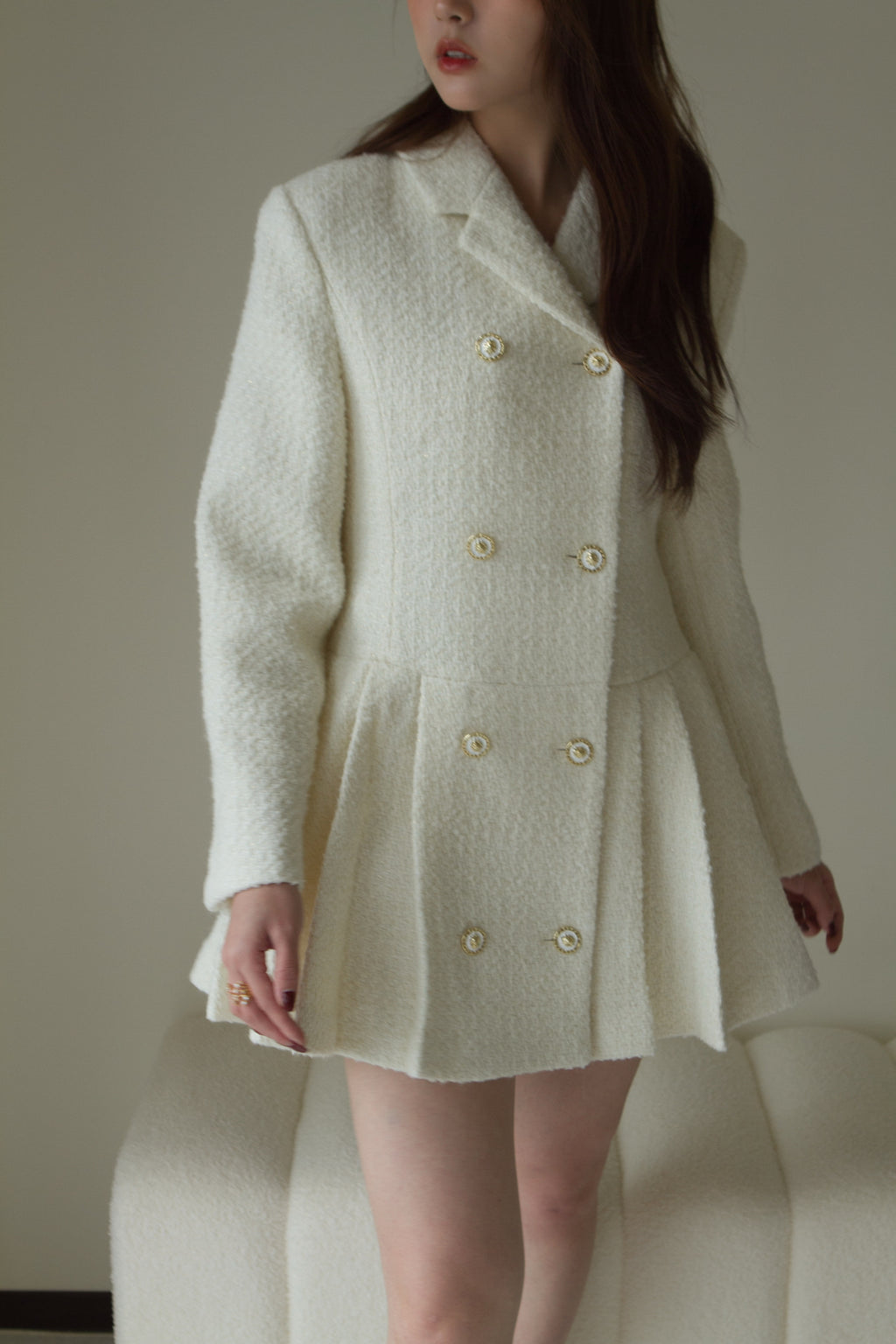 義大利高級面料 名媛百摺洋裝 50%Wool 象牙白  DS2302