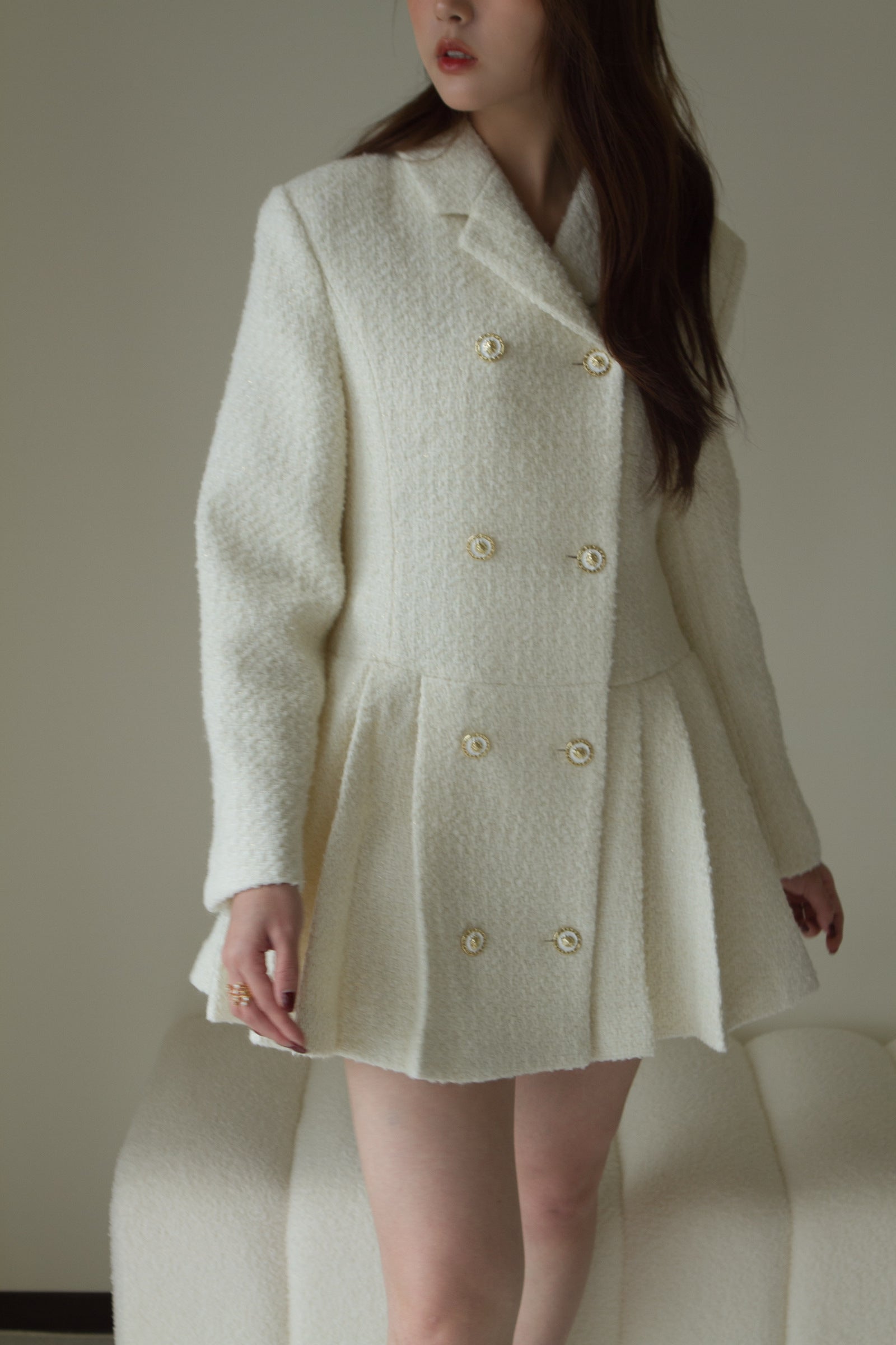 義大利高級面料 名媛百摺洋裝 50%Wool 象牙白  DS2302