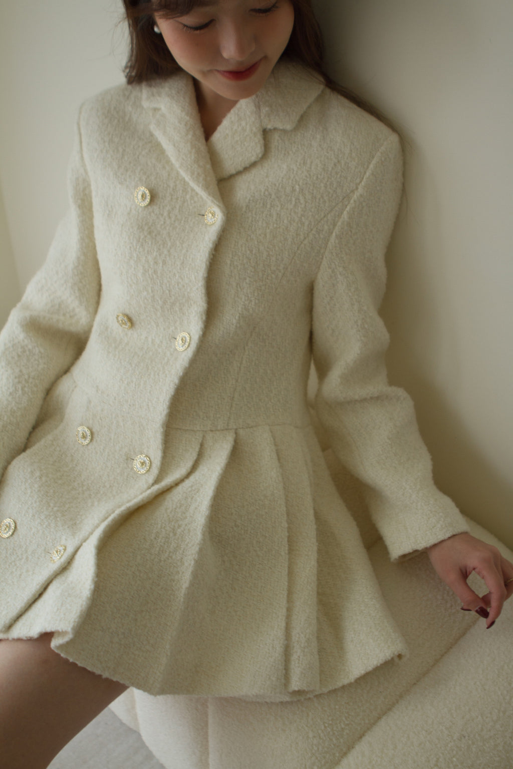 義大利高級面料 名媛百摺洋裝 50%Wool 象牙白  DS2302