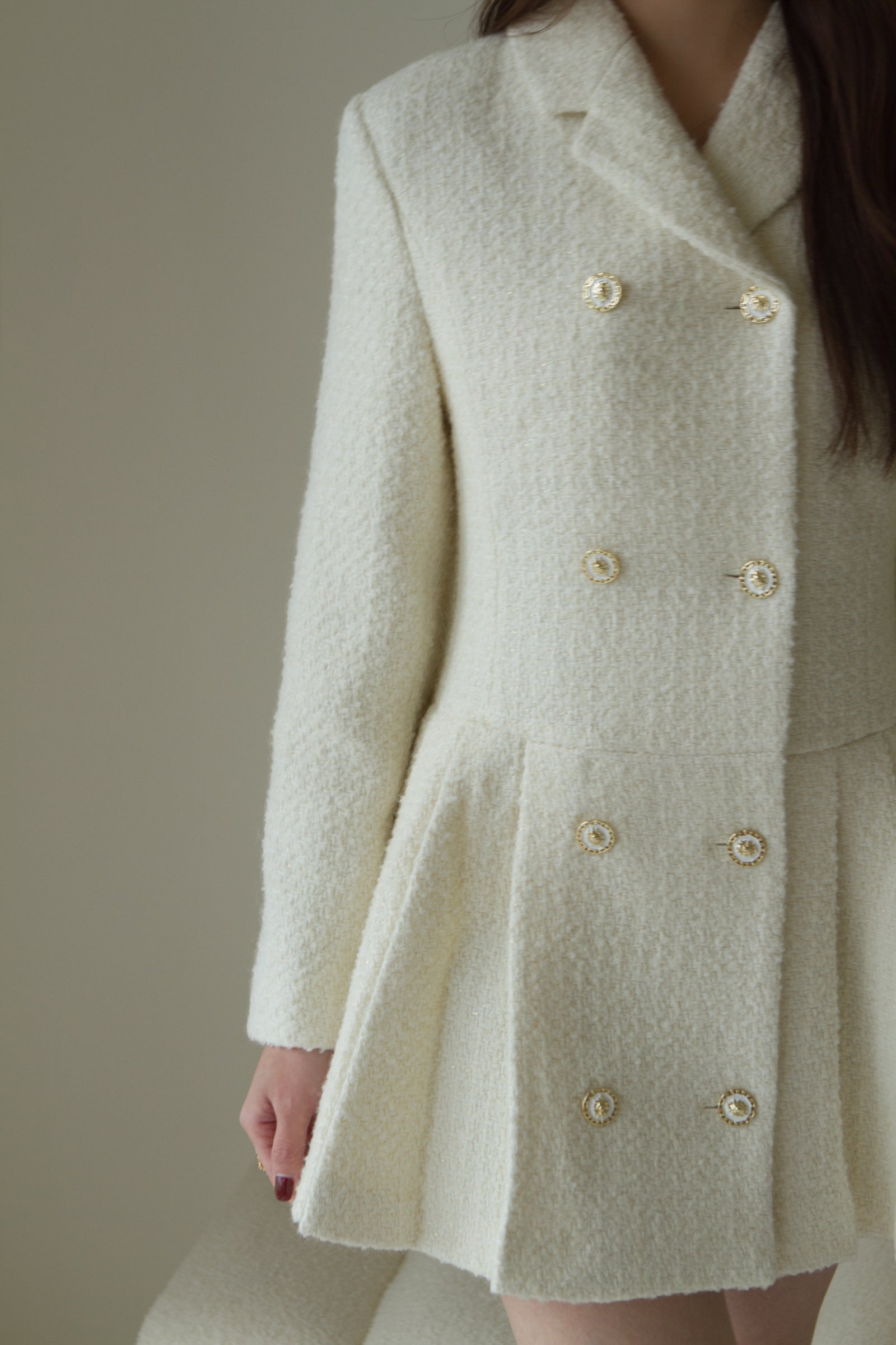 義大利高級面料 名媛百摺洋裝 50%Wool 象牙白  DS2302